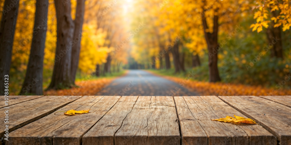 Empty wooden table in front of autumnal landscape background. For product display montage