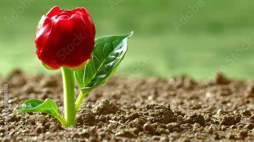 A Vibrant Red Flower Bud Emerging from the Soil with Green Leaves, Bathed in the Warm Light of the Sun, a Symbol of New Life and Growth in Nature.