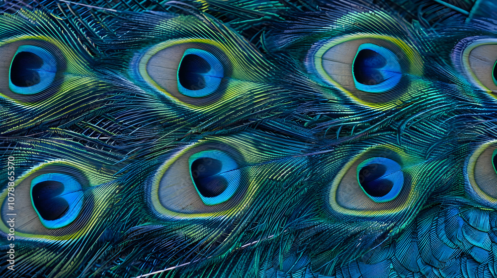 Obraz premium A Close-Up View of a Peacock's Feathers, Showing the Intricate Pattern and Bright Colors of the Eye Spots, Capturing the Beauty and Complexity of Nature.