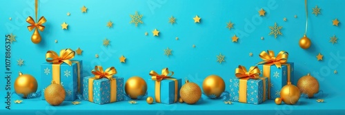 christmas background with gift boxes and balls. blue and gold donimation. content poster. billboard. wallpaper. 4k. 8k. full HD. christmas candles on the background.
