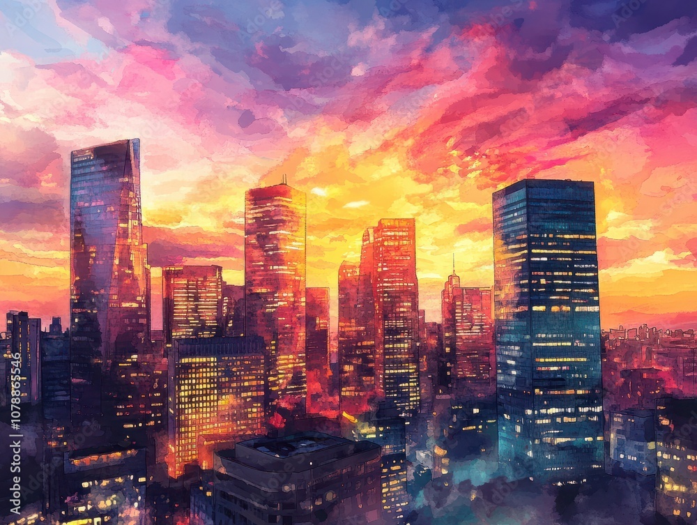 Obraz premium A digital watercolor of vibrant tech city at sunset, showcasing skyscrapers and colorful sky. scene evokes sense of innovation and modernity
