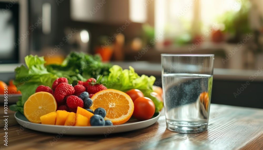 Fresh fruits, vegetables, and a glass of water on wooden table Fresh fruits, vegetables, and a glass of water on wooden table