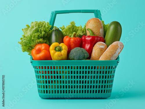 A green basket filled with fresh vegetables and bread photo