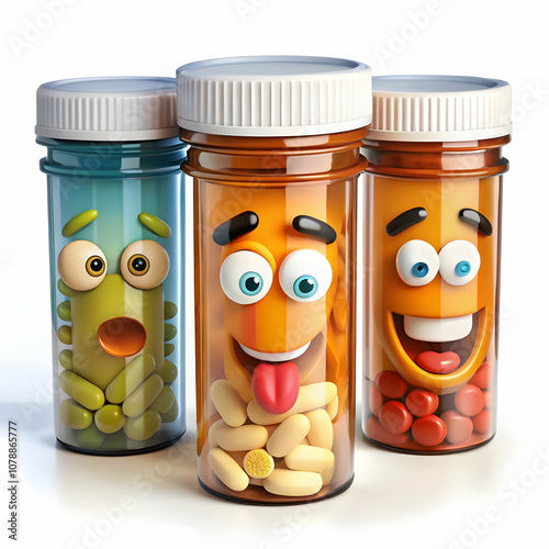 A whimsical set of unique pill bottles featuring funny labels, adding humor to medication management. photo