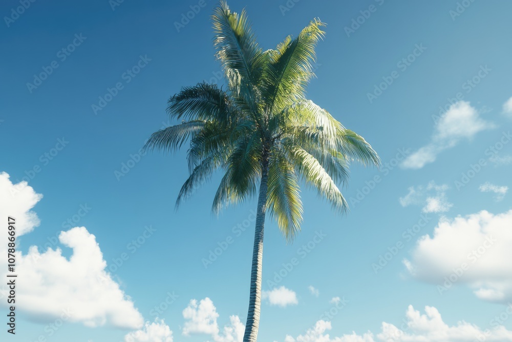 Tropical Paradise: Palm Tree Under Blue Sky in Exotic Island Landscape Tropical Paradise: Palm Tree Under Blue Sky in Exotic Island Landscape