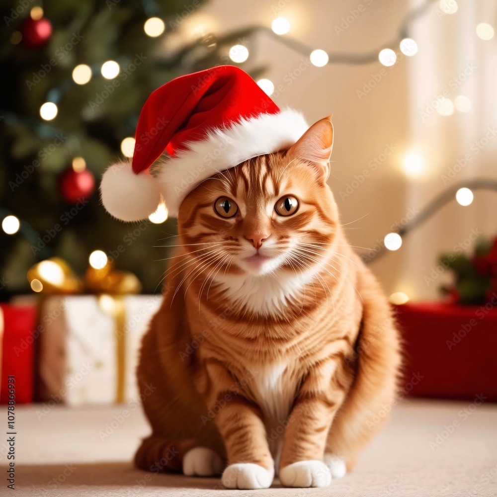 A charming cat wearing a festive Christmas hat sits gracefully among holiday decorations, radiating warmth and cheer in a cozy indoor setting. A charming cat wearing a festive Christmas hat sits gracefully among holiday decorations, radiating warmth and cheer in a cozy indoor setting.
