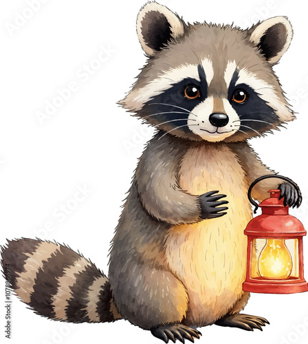 A cheerful raccoon holding a lantern in a whimsical forest setting during a peaceful nighttime adventure. Watercolor kids Christmas illustration