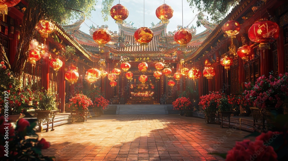 Obraz premium A decorated temple courtyard filled with dragon motifs and red lanterns Visitors light incense and offer prayers for luck in the Year of the Dragon A scene of reverence and peace
