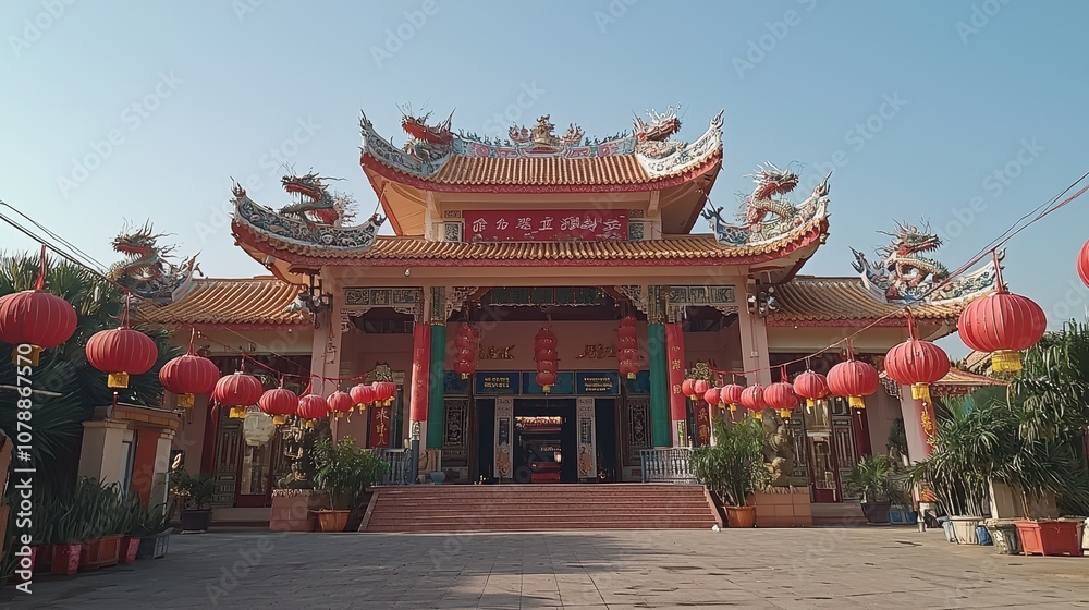 A decorated temple entrance adorned with dragon statues and red lanterns celebrating the Year of the Dragon Visitors enter with respect and hope for blessings and prosperity A beautiful and A decorated temple entrance adorned with dragon statues and red lanterns celebrating the Year of the Dragon Visitors enter with respect and hope for blessings and prosperity A beautiful and