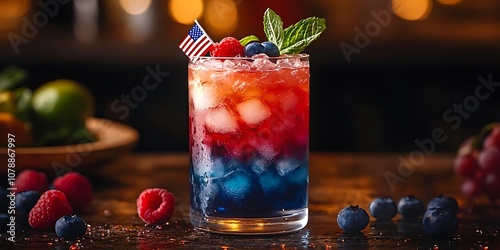 Patriotic Red, White, and Blue Cocktail with Raspberries and Blueberries - Photo