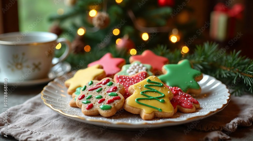 Colorful Christmas cookies on a plate with holiday decorations Colorful Christmas cookies on a plate with holiday decorations