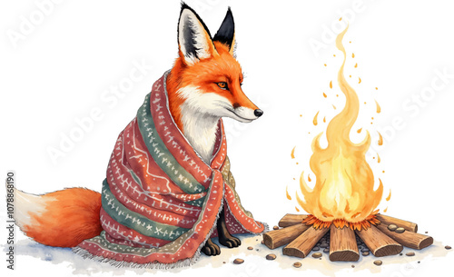 A cozy fox wrapped in a colorful blanket sitting beside a campfire during a cool evening in a forest setting. Watercolor kids Christmas illustration