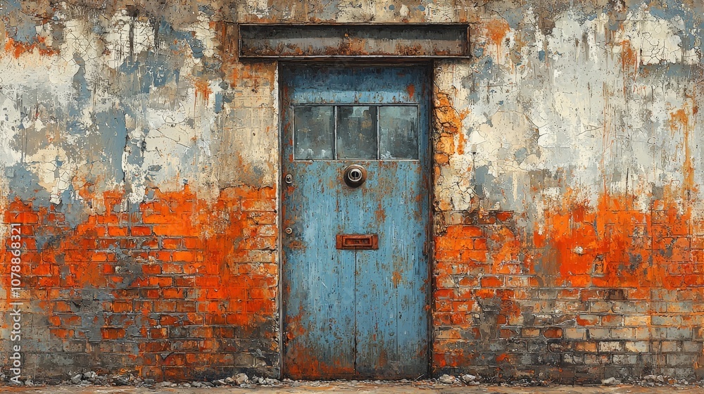A weathered blue door set against a peeling, orange-brick wall, evoking a sense of decay. A weathered blue door set against a peeling, orange-brick wall, evoking a sense of decay.