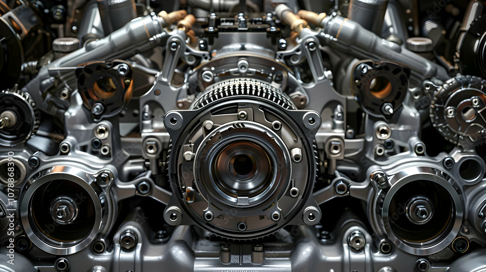 Close-up View of a Complex Engine, Featuring Gears, Pistons, and Other Mechanical Components, Displaying a Detailed Look at the Inner Workings of a High-Performance Engine Close-up View of a Complex Engine, Featuring Gears, Pistons, and Other Mechanical Components, Displaying a Detailed Look at the Inner Workings of a High-Performance Engine