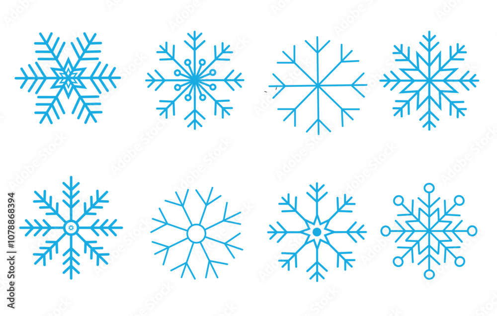 Set of beautiful blue snowflakes isolated on the white background. Line art. Christmas and New year decoration. Set of beautiful blue snowflakes isolated on the white background. Line art. Christmas and New year decoration.