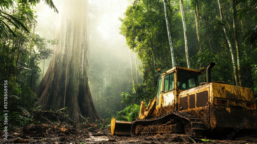 A rusty bulldozer stands in a dense, misty rainforest, highlighting the tension between nature and industrial machinery. A rusty bulldozer stands in a dense, misty rainforest, highlighting the tension between nature and industrial machinery.