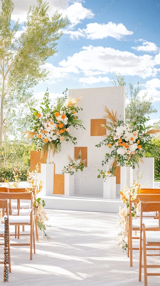 Fototapeta premium Wedding Ceremony Setup with White Floral Arch and Wooden Chairs.
