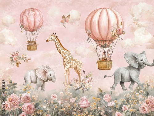 A kids' wallpaper mural featuring cycling animals with balloons, including a giraffe and elephant, set against a watercolor pink background. The design includes hot air balloons, blooming flowers. photo