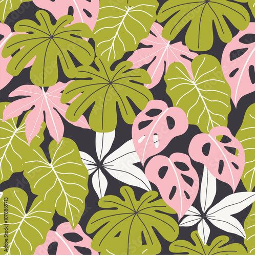 Abstract seamless tropical pattern with colorful plants and leaves on dark grey background. Jungle leaf seamless vector floral pattern background. Beautiful exotic plants. 