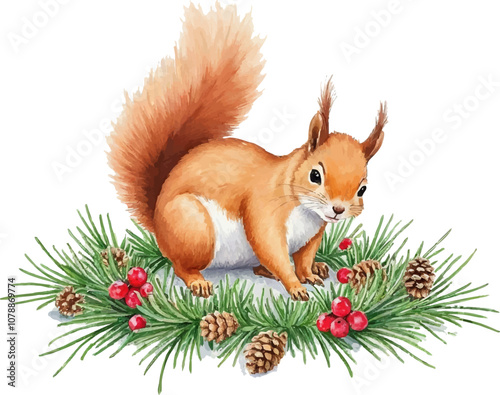 A cute red squirrel sits among pine branches, berries, and pine cones in a winter setting on a snowy day. Watercolor kids Christmas illustration