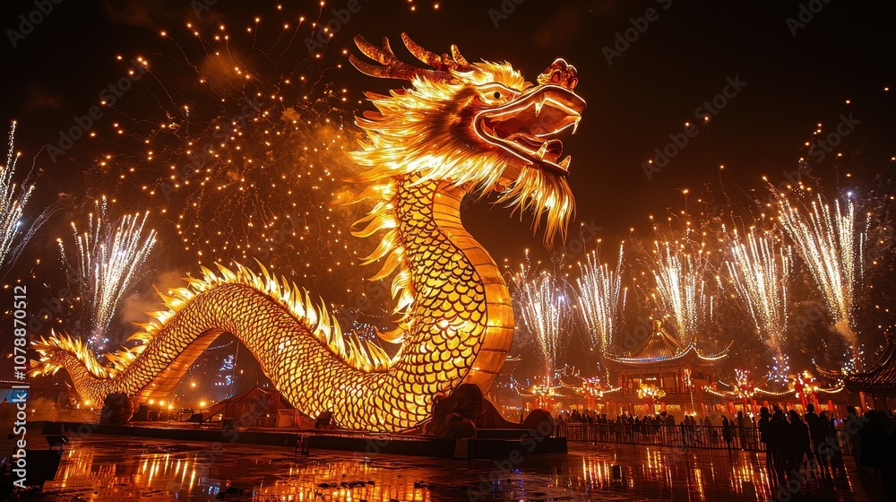 Obraz premium A massive dragon statue glowing in golden light as fireworks burst around it marking the new year The Year of the Dragon is celebrated with grandeur and reverence for strength and luck A scene 