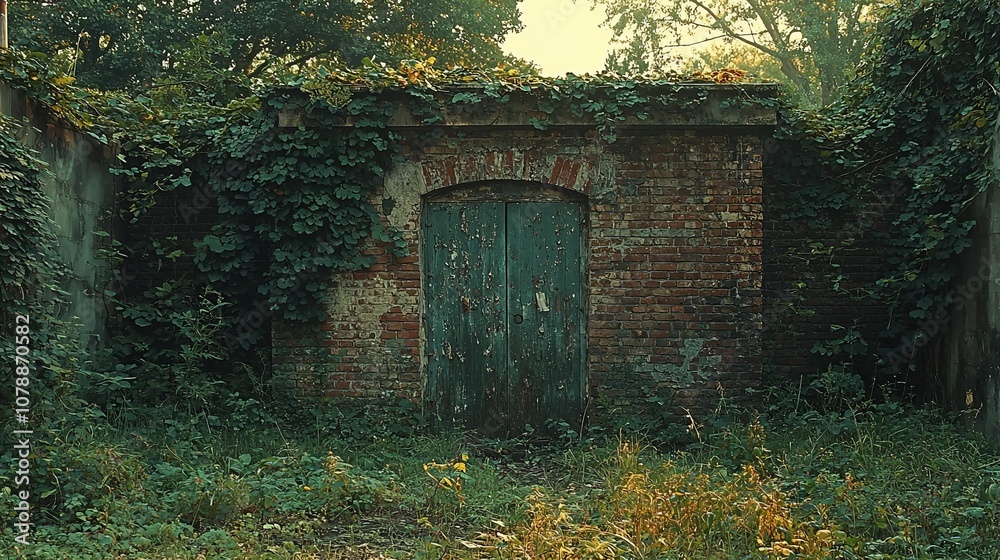 A weathered brick wall with an overgrown door surrounded by lush greenery. A weathered brick wall with an overgrown door surrounded by lush greenery.