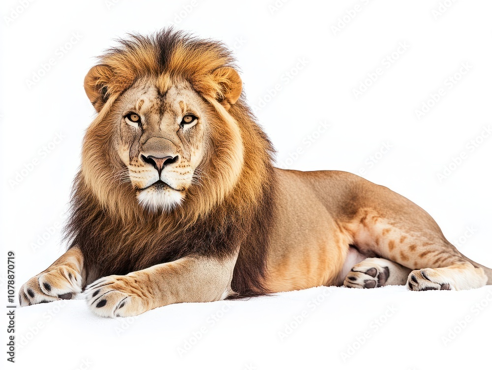 Obraz premium A majestic lion on a pure white surface, rendered in soft watercolors