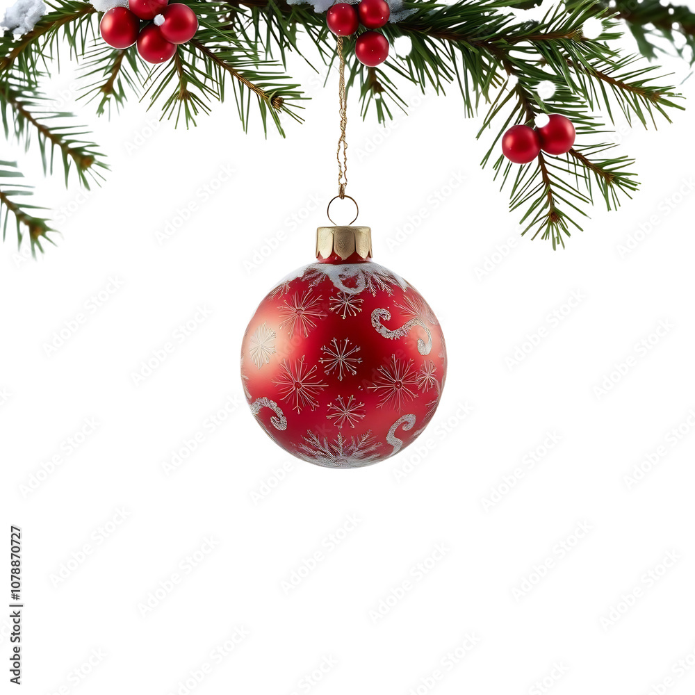 Red Christmas Ornament Hanging From a Pine Branch Red Christmas Ornament Hanging From a Pine Branch
