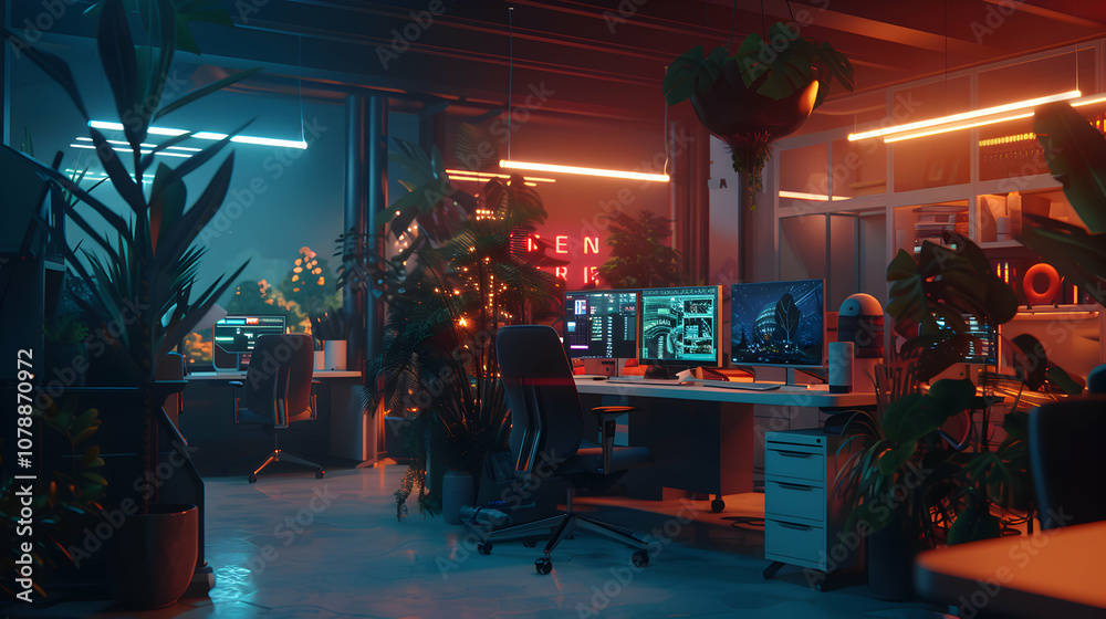 A modern office space with vibrant lighting and greenery, designed for productivity and creativity. A modern office space with vibrant lighting and greenery, designed for productivity and creativity.