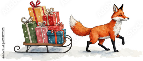 A fox joyfully pulls a sled loaded with colorful gifts across a snowy landscape during the winter season. Watercolor kids Christmas illustration