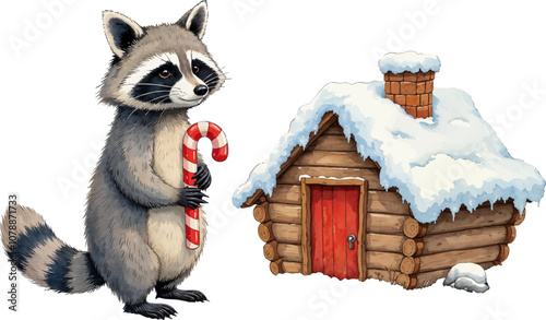 A raccoon holding a candy cane stands next to a snowy wooden cabin during winter festivities. Watercolor kids Christmas illustration