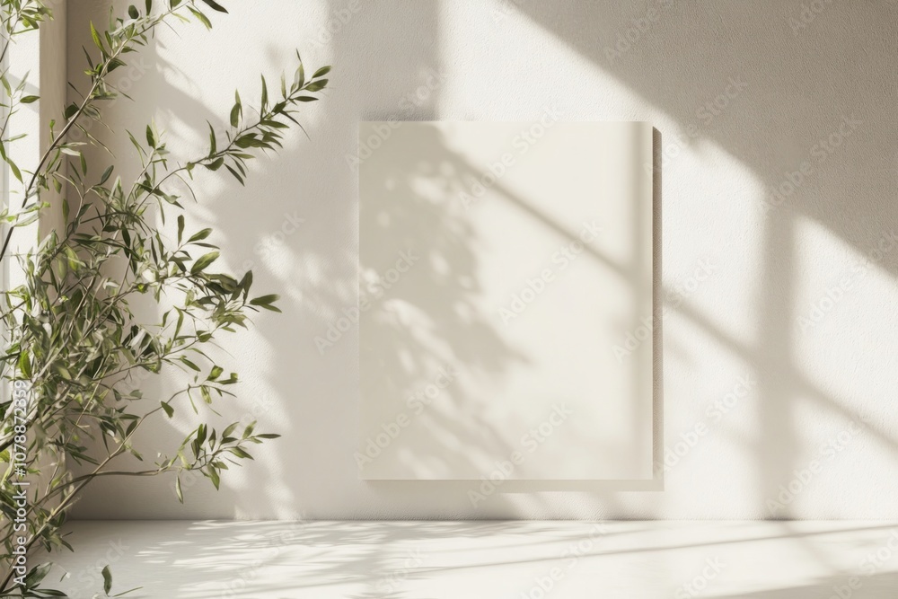 Fototapeta premium Elegant Blank Card Mockup with Olive Branches and Sunlit Window, Web Banner with Copy Space