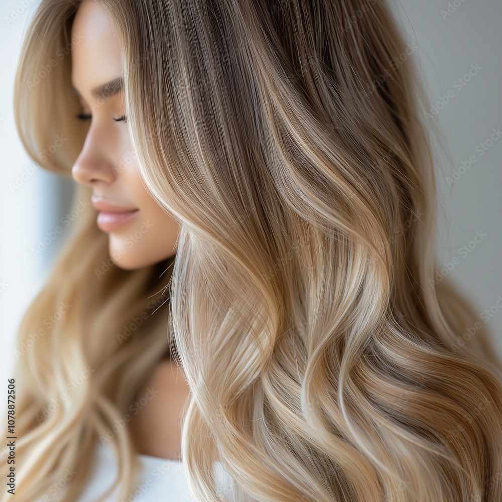 closeup woman long blonde hair white shirt blended palette refreshing color dyed hazelnut stunning waves shapes bright internal glow swirl haired fluid one blond profile