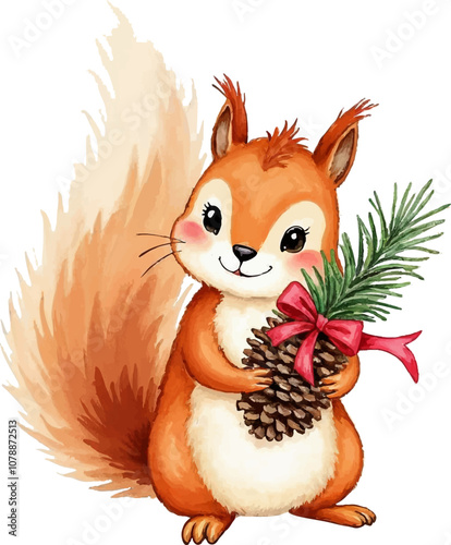 Cheerful squirrel holds a decorated pinecone while surrounded by a playful autumn atmosphere. Watercolor kids Christmas illustration