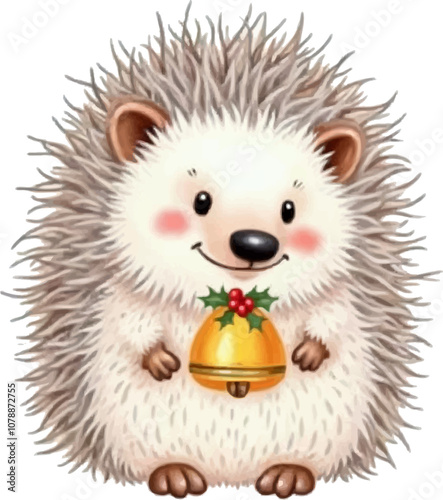 Cute hedgehog holding a festive bell decorated with holly, a delightful holiday scene perfect for Christmas decorations and greeting cards. Watercolor kids Christmas illustration