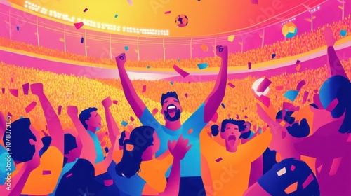 A colorful illustration of enthusiastic fans celebrating a sports victory in a stadium, filled with vibrant energy and excitement.