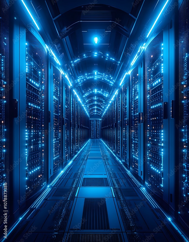 A futuristic data center corridor illuminated with blue lights and rows of servers. A futuristic data center corridor illuminated with blue lights and rows of servers.