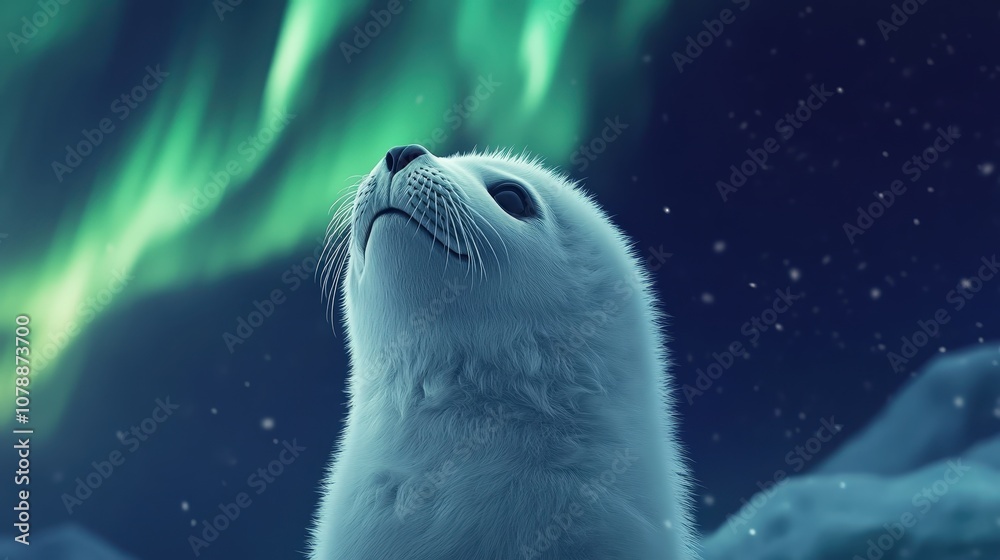 Obraz premium Cute little white seal, looking up at the sky, with auroras in sight.