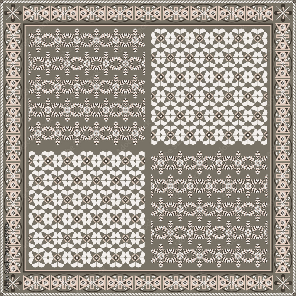 Obraz premium Hijab scarf flower abstract pattern.Ethnic geometric ornament with frame motif border hijab pattern.Design for fabric,print,scarves,shawl,kerchief,bandana,clothing,pareo,pillows,tablecloth,decoration.
