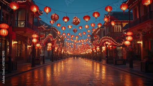 A vibrant festival street decorated with red lanterns and dragon banners to welcome the new year The Year of the Dragon brings joy and good fortune to the community A lively celebration of hope 