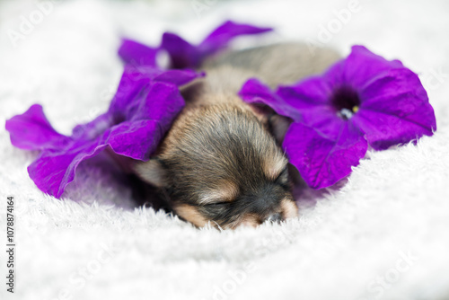 cute newborn pomeranian spitz puppy with purple flowers