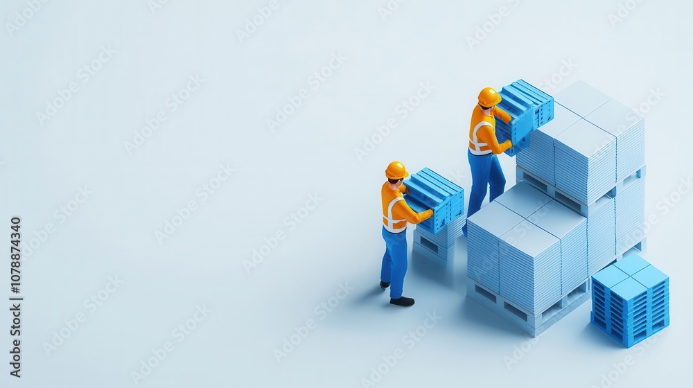 Workers unloading blue pallets into a minimalist white warehouse, isometric illustration on clean white background Workers unloading blue pallets into a minimalist white warehouse, isometric illustration on clean white background