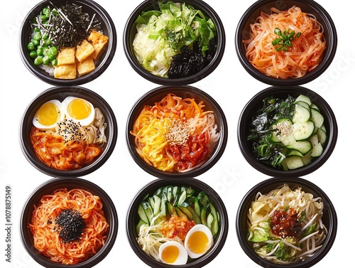 Colorful bowls of assorted noodles with fresh vegetables and eggs.