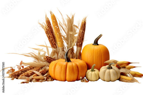 A crisp autumn scene with a bundle of dried corn stalks and a few decorative pumpkins placed against a plain white background