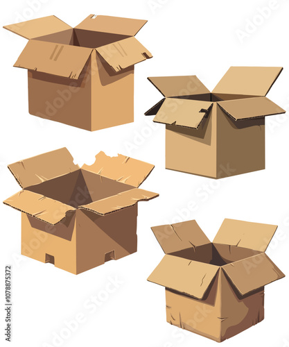  Set of Opened cardboard Broken Damaged delivery box. Vector ripped cargo parcel package Box.transportation amaged goods and shipping errors box