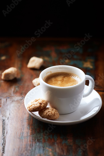 Cup of coffee on wooden background. Close up