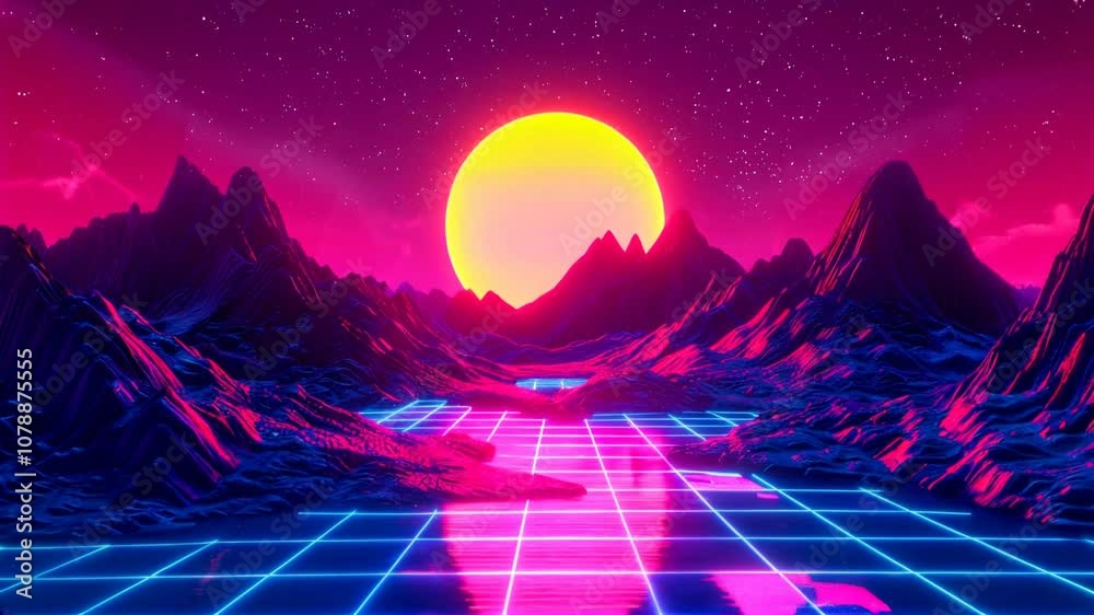 Paisaje con una red de luces de neón, sol y montañas. Ilustración futurista de ciencia ficción. Retrowave, synthwave o vaporwave de los años 80.