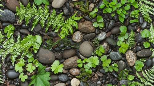 Intricate Forest Floor Composition with Ferns, Pebbles, and Soil Layers on Textured Canvas