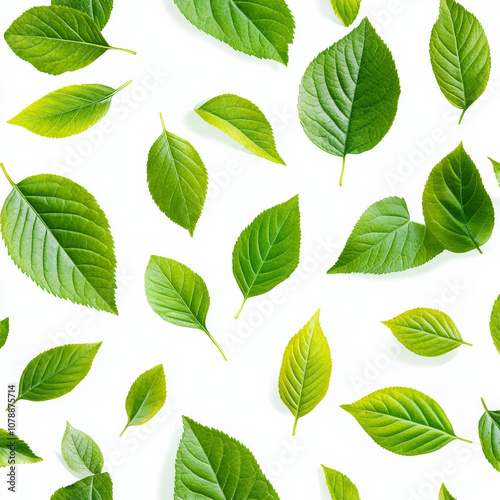 seamless pattern of vibrant green leaves on a white background. Various leaf shapes and sizes create a fresh, natural, and tropical appearance, perfect for eco-friendly or botanical projects