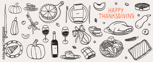 Hand drawn chalk food icons. Thanksgiving dinner table vector illustrations in Ink line style. Wine glass, turkey, pumpkin pie drawings for family invitations, greetings, cafe menus and parties.